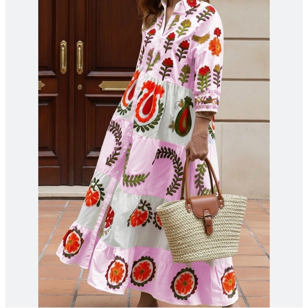 Pink Floral Tiered Maxi Shirt Dress Boho Button Down Long Sleeve XXL